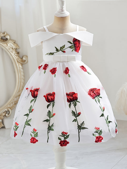 Girls Off Shoulder Princess Dress Flowers Embroidery Bow Mesh Dress
