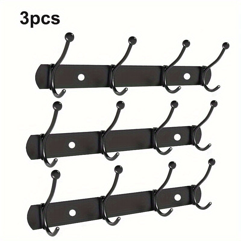 3pcs Stainless Steel Wall Mounted Coat And Hat Rack, 4 Hooks, Easy Installation
