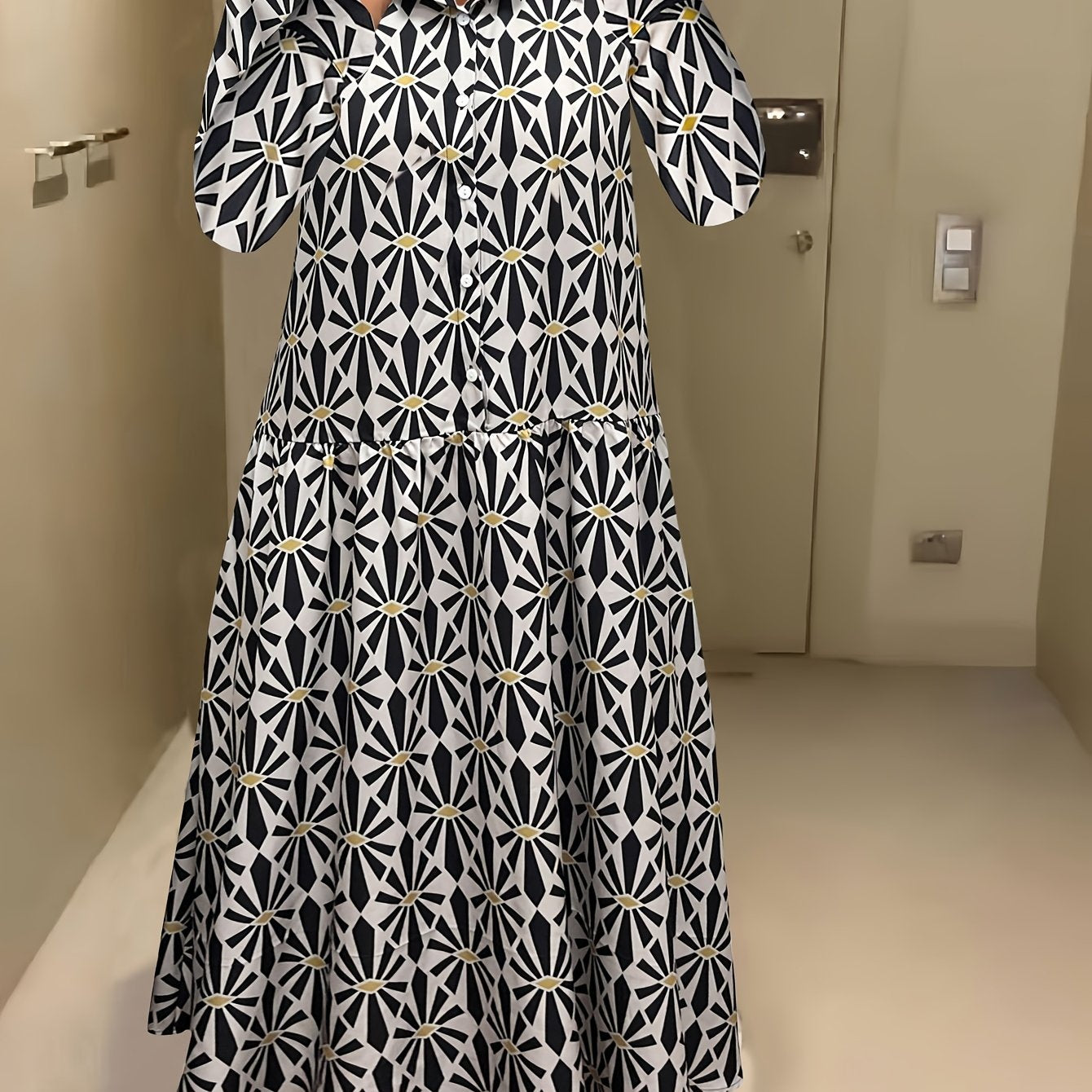  Geo Print Button Up Maxi Shirt Dress