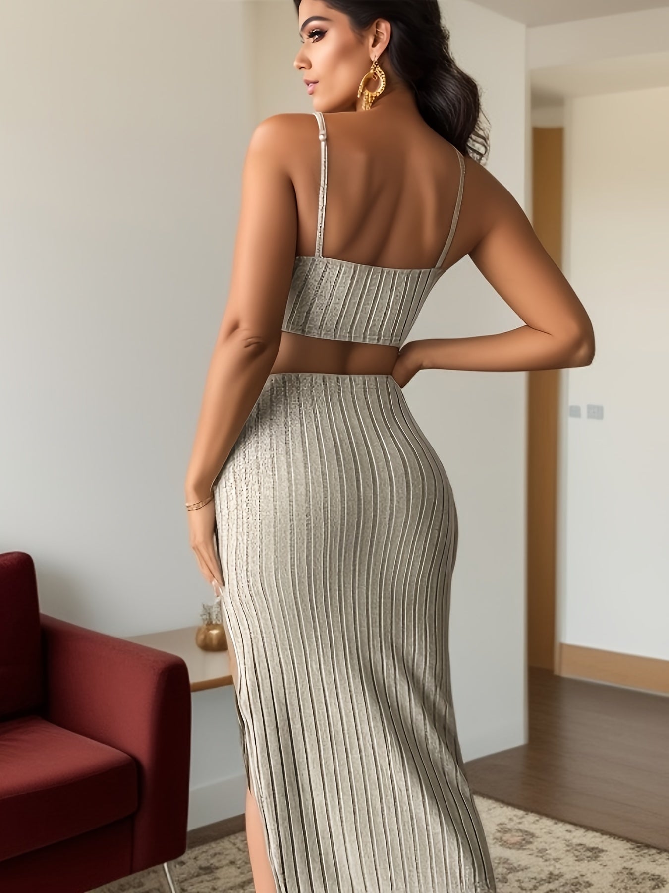 Ribbed Two piece Set Crop Top & Split Skirt Outfits Women's Clothing