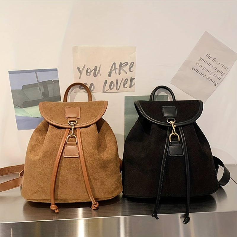 Suede Flap Backpack Drawstring Daypack Rucksack for Work & Travel
