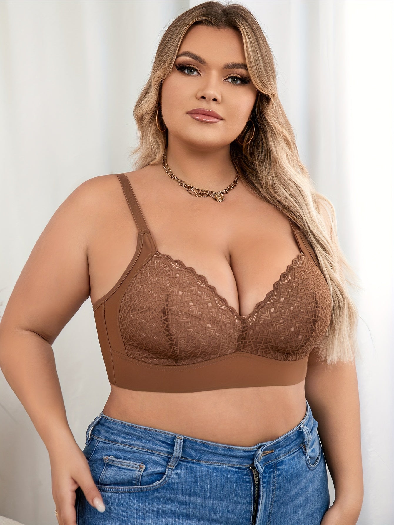 Plus Size Sexy Bra Women's Plus Contrast Lace Wireless Wave