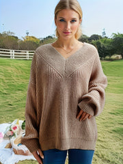  Solid V Neck Long Sleeve Sweater