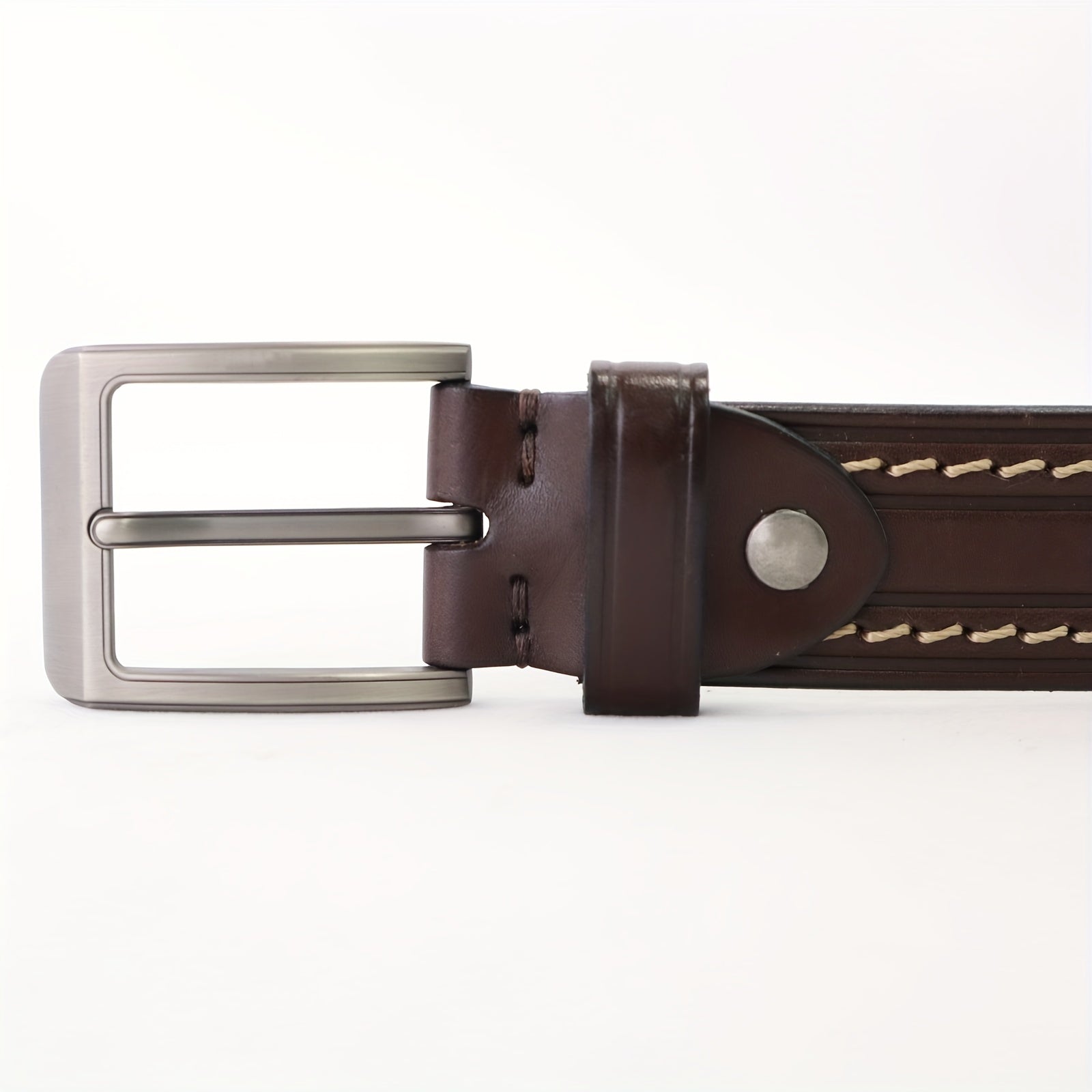 Hand Sewn Embossed Cowhide Gun Square Buckle Casual Deep Coffee Belt
