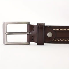 Hand Sewn Embossed Cowhide Gun Square Buckle Casual Deep Coffee Belt
