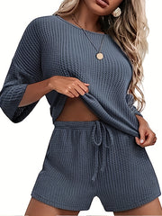 2 Piece Set Waffle Pattern Top & Shorts Outfits