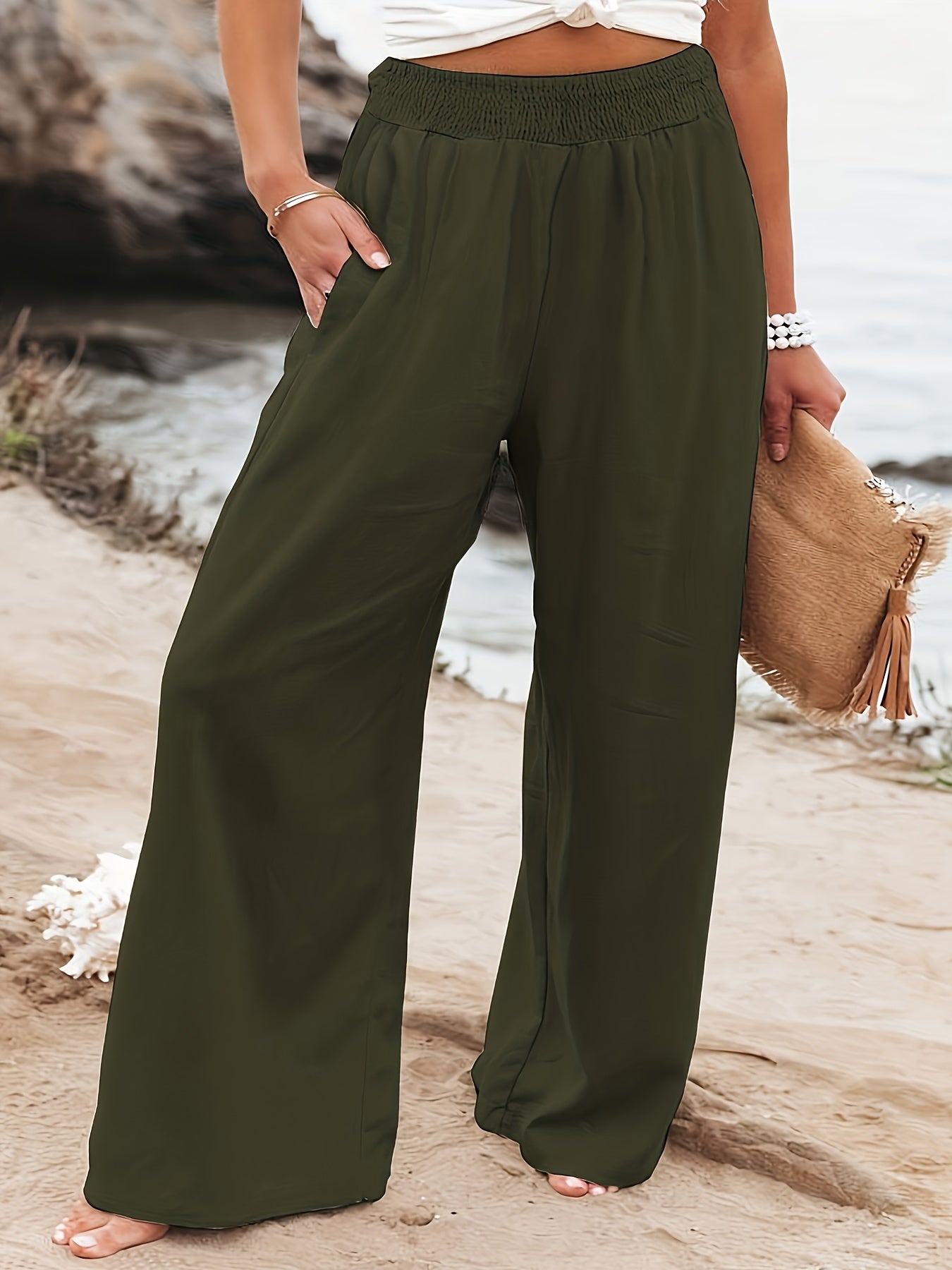  Ruched Wide Leg Pocketed Pants
