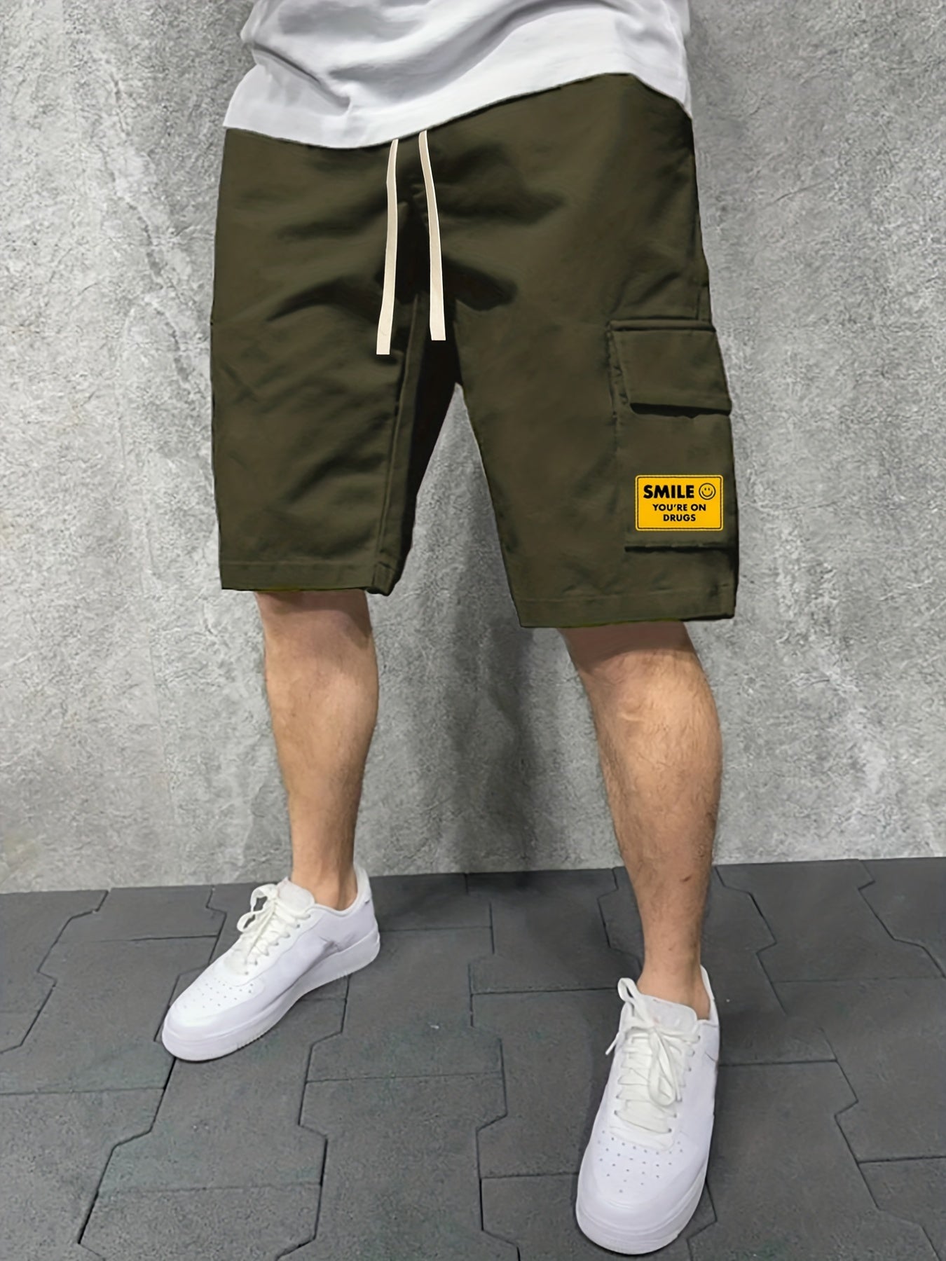 Men's Comfy Cargo Shorts Smile Solid Stretch Elastic Waist Drawstring Shorts