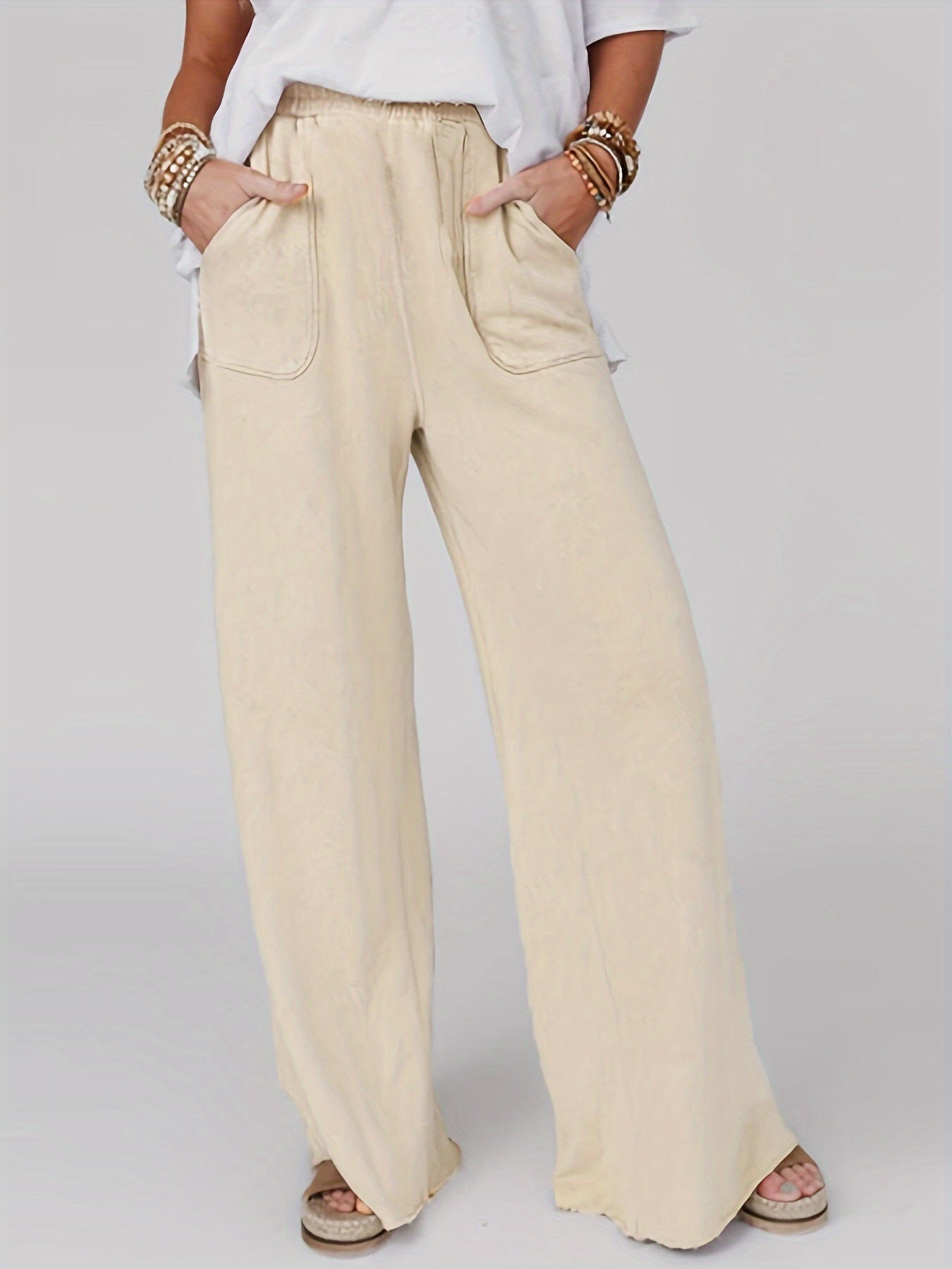  Solid Loose Trousers With Pockets