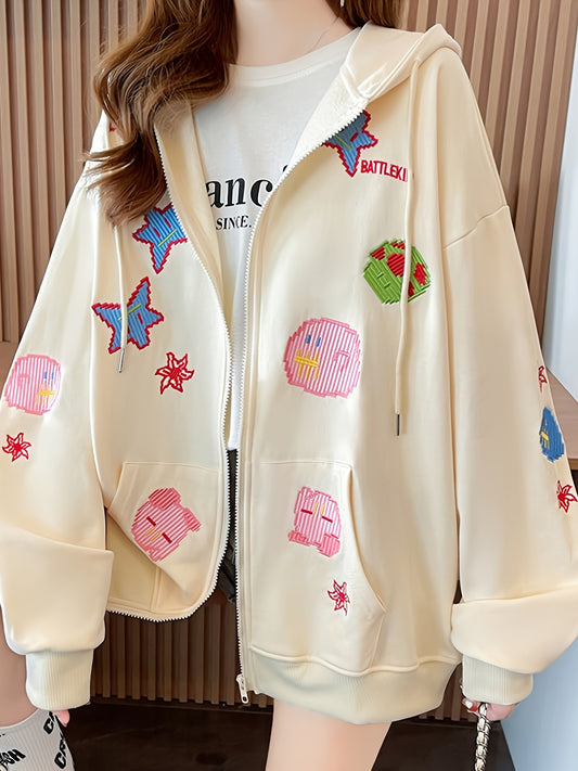 Cartoon Print Loose Thin Cardigan Zipper Sweatshirt