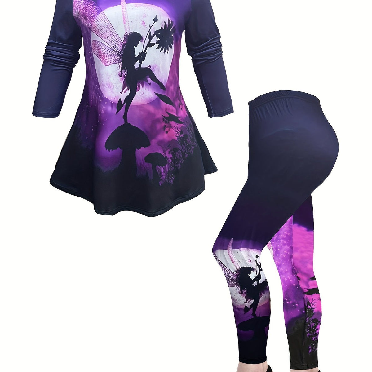 Women's Plus Fairy Print Long Sleeve Tee & Leggings Set