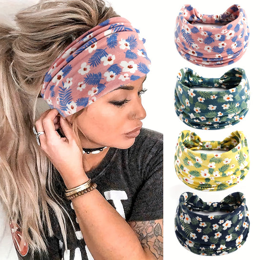 Floral Print Criss Cross Headband Wide Elastic Head Hoop Sweatband