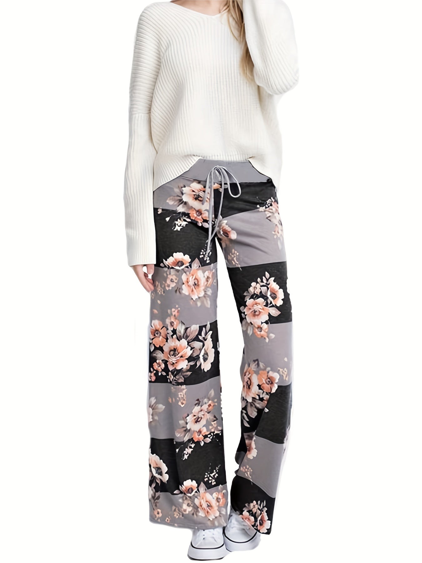  Floral Print High Rise Drawstring Loose Fit Pants