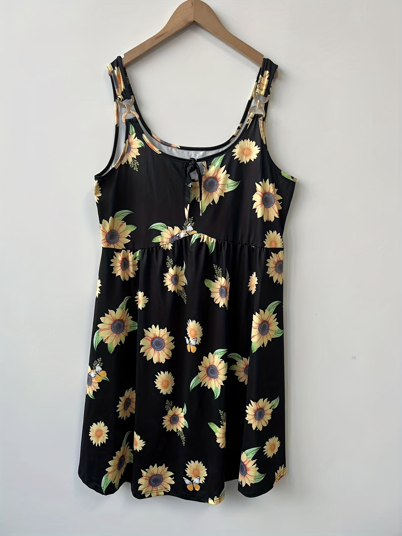 Sunflower Print Cut Out Tie Front Cami Dress Women's Plus