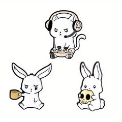 Rabbit Cat Enamel Pins Eating Skull Drink Play Games Cartoon Brooches