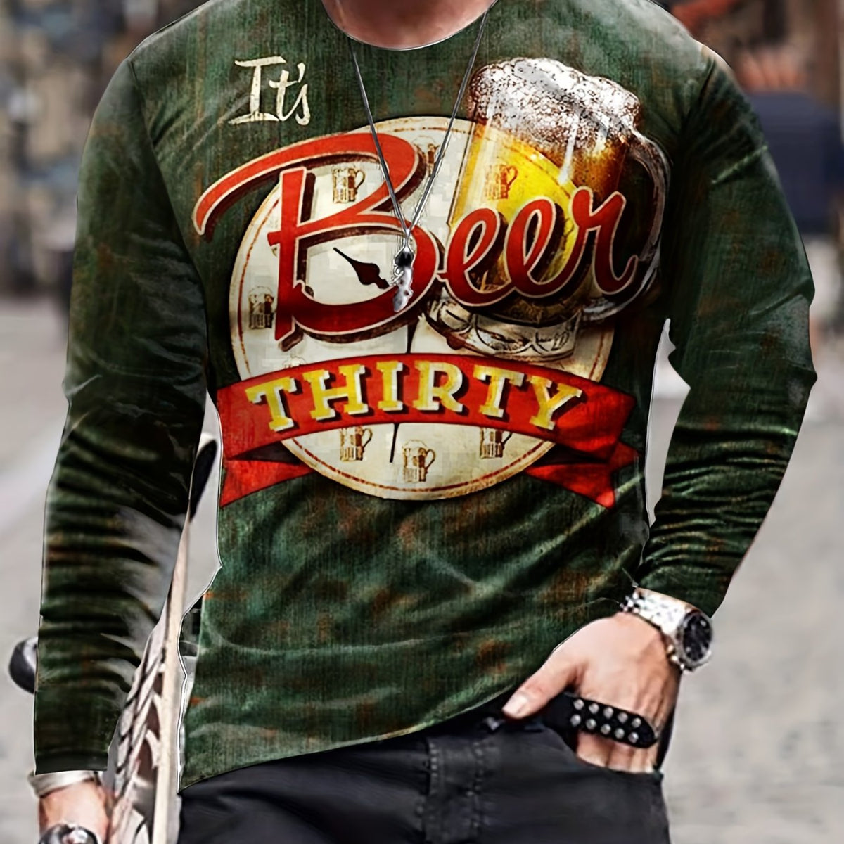 Beer Print Men's Long Sleeve Vintage T-shirt Stylish Tees