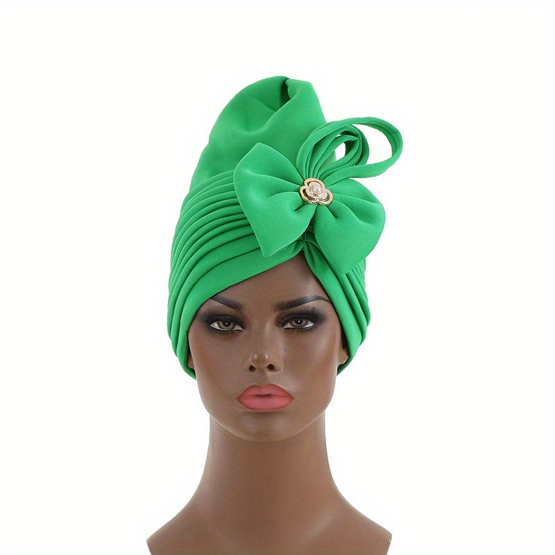 Green Layer Pleated Turban Cap Bow Decor Hijab Hat Casual Head Wrap