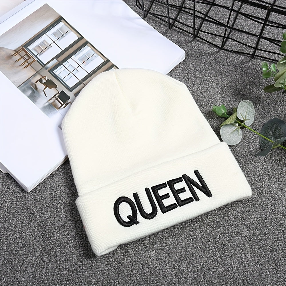 KING QUEEN Embroidery Beanie Solid Couple Knit Hat Elastic Skull Cap