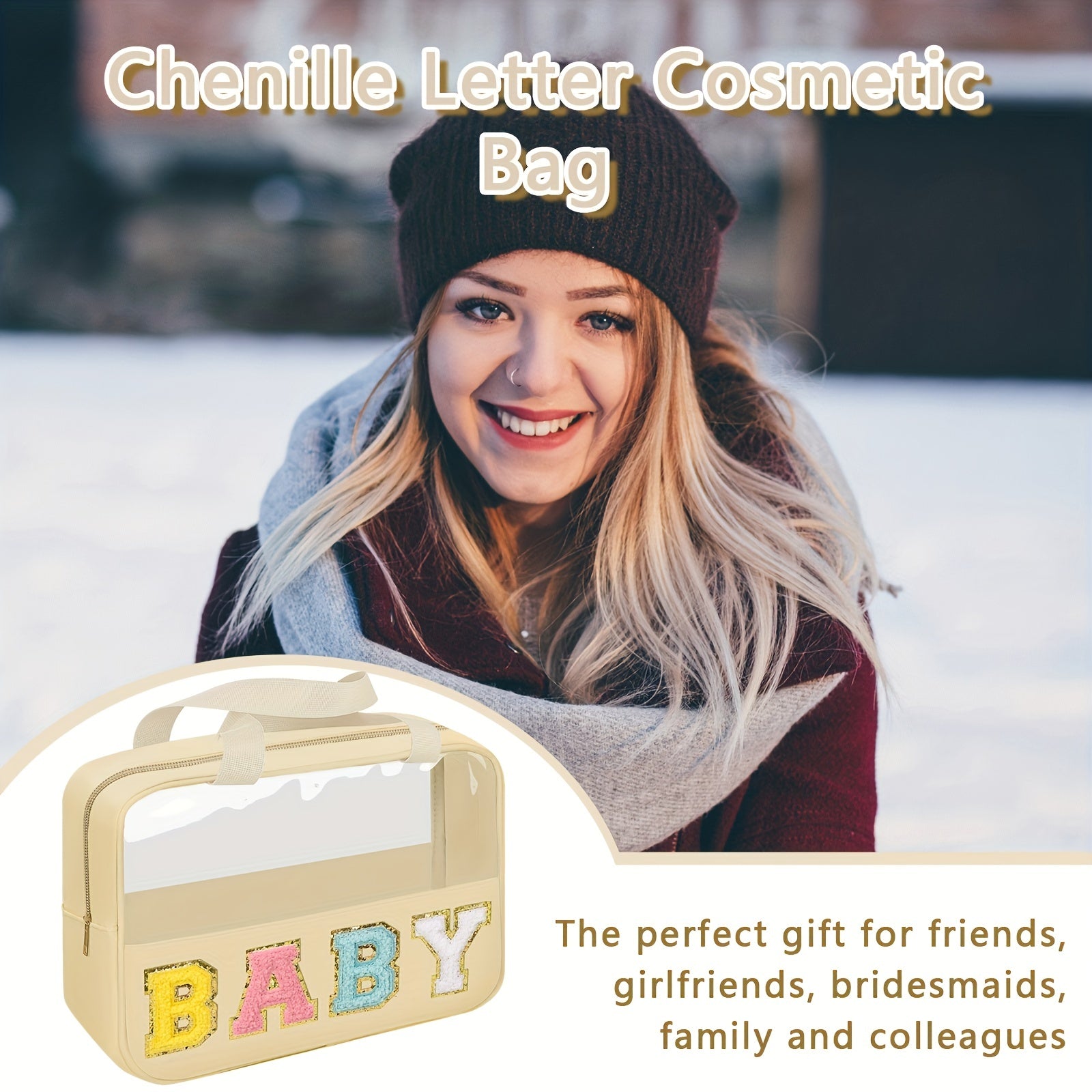 Chenille Letter Patch Clear Bag + Nylon Makeup Pouch