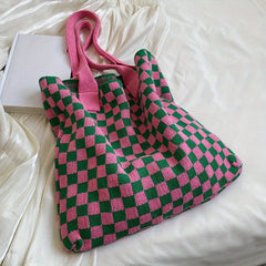 Checkerboard Pattern Shoulder Bag Knitted Satchel Tote Bag