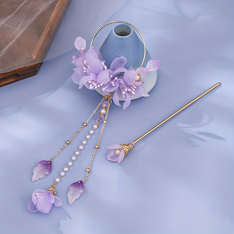 Purple Silky Flower Hair Accessories Set with Tassels