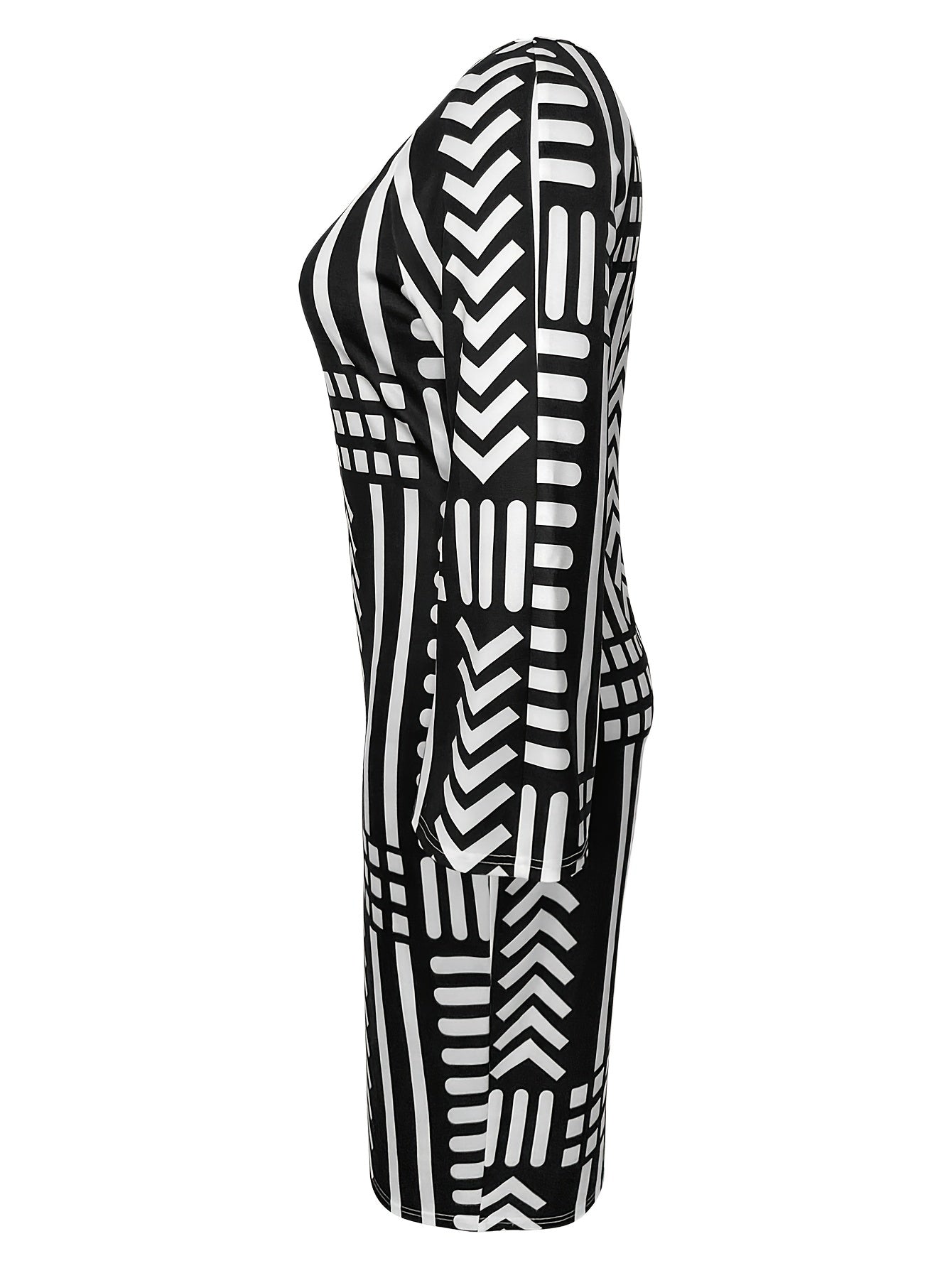  Geo Print Long Sleeve V Neck Bodycon Dress