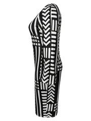  Geo Print Long Sleeve V Neck Bodycon Dress