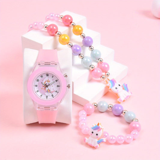 3pcs Girls' Magical Watch and Jewelry Set with Rainbow Beads Glowing Heart Charm