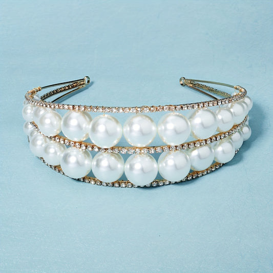 Wide Brim Headband Rhinestone Bride Crown Set 2 Tiers Pearl Hair Band
