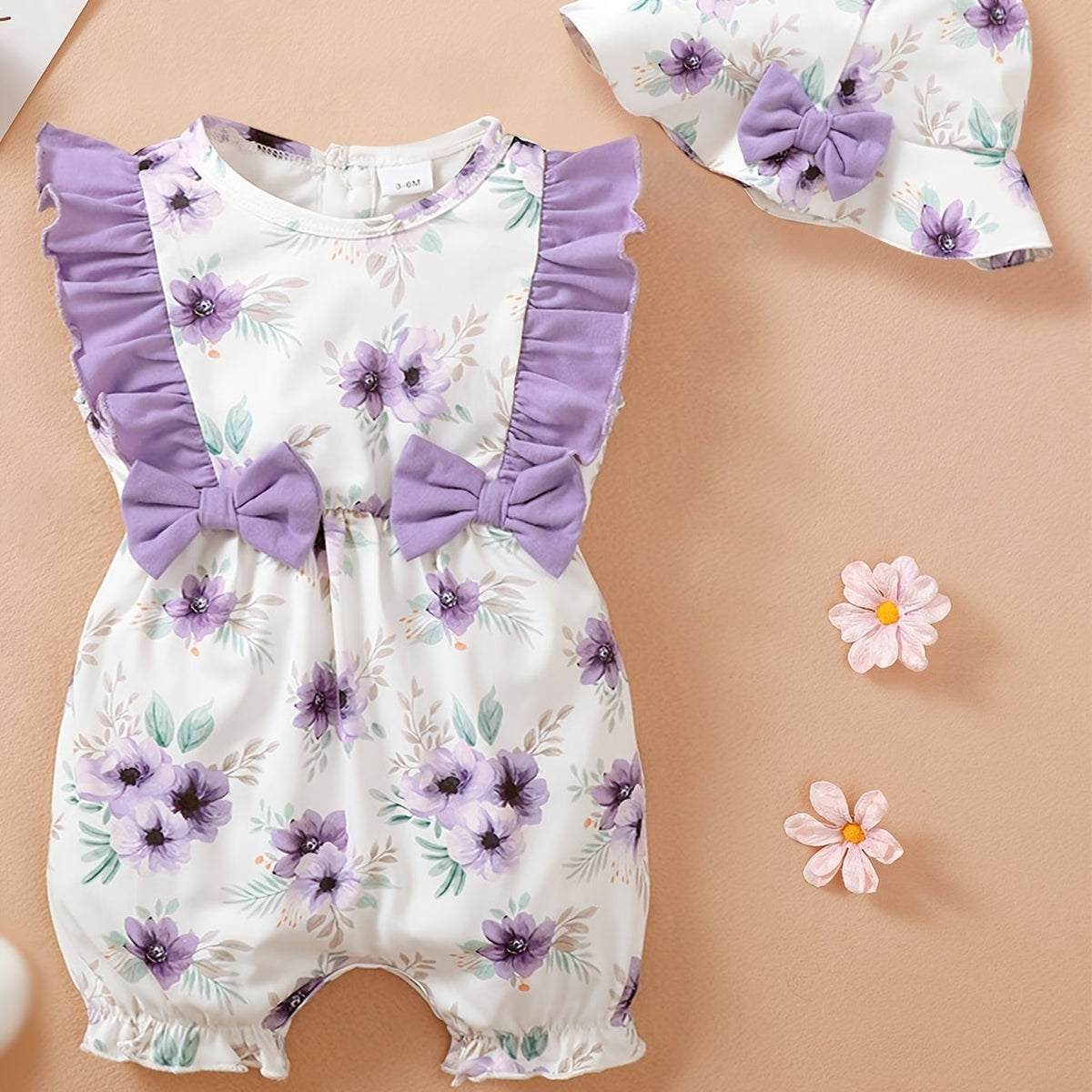 2pcs Baby Girls Floral Print Romper & Hat Set