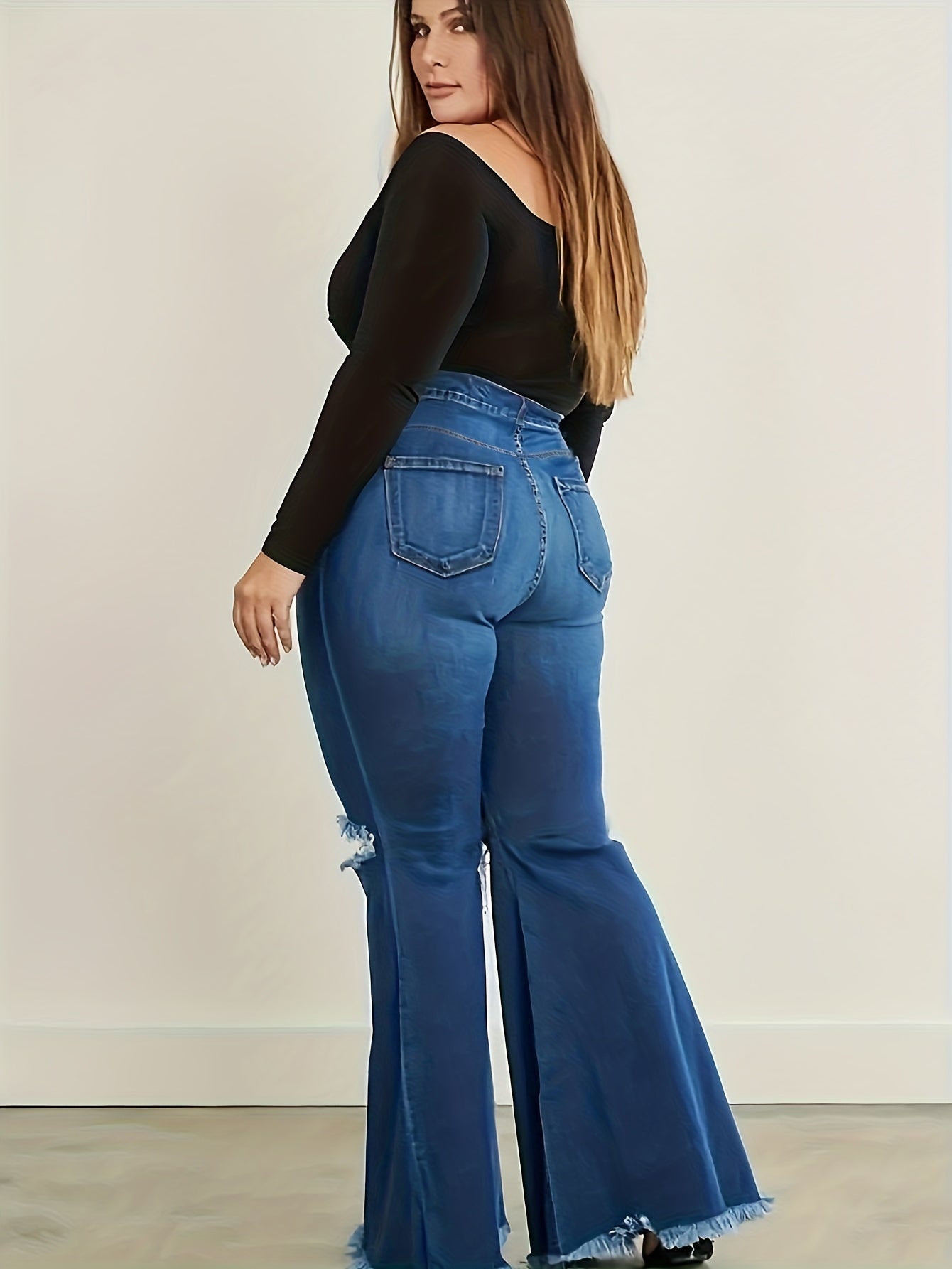  Ripped Button Fly High Rise Flared Leg Jeans