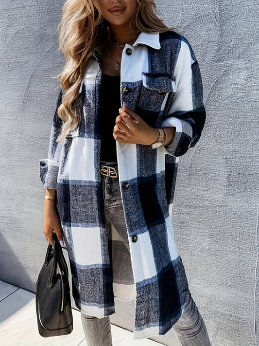 Plaid Print Long Length Jacket Button Front Outwear