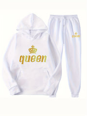  Letter & Crown Print Hoodie & Joggers Set