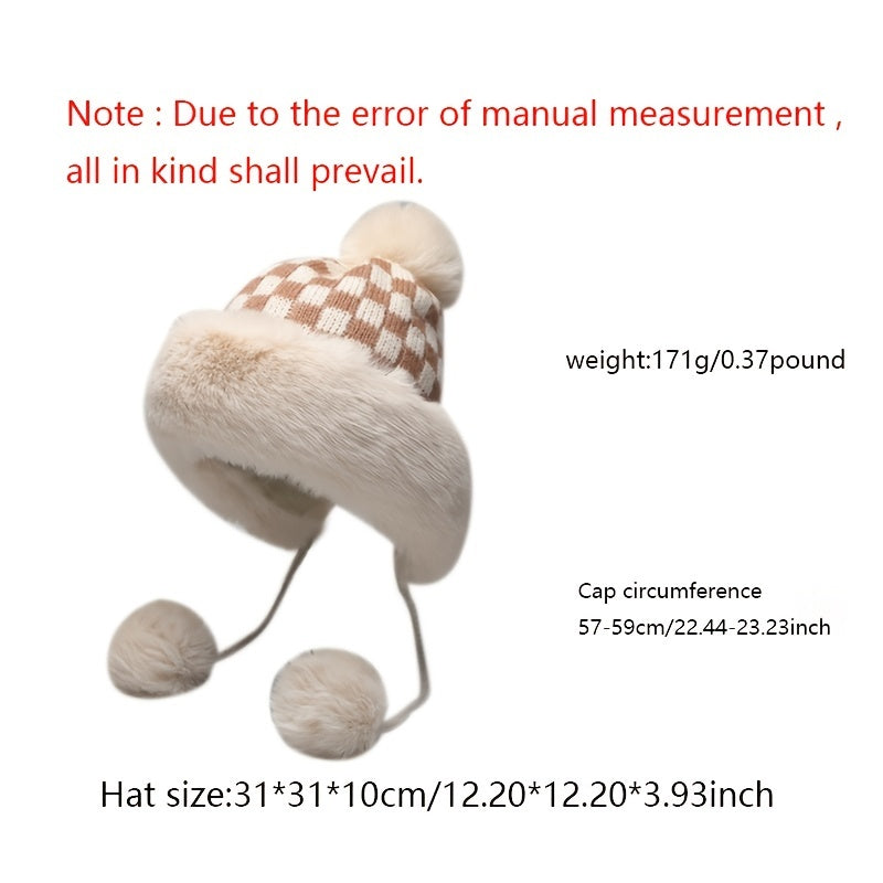 Fashionable Plaid Knit Plus Fur Ball Winter Hat
