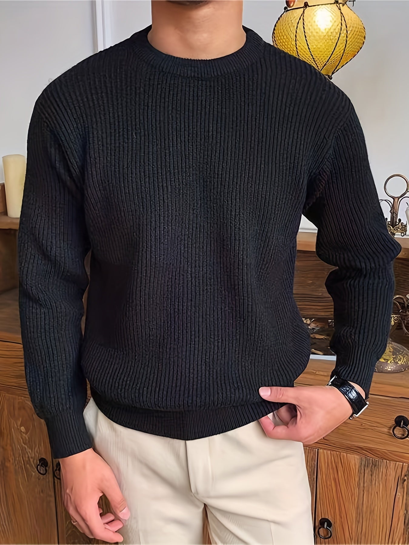 Men's Casual Solid Knitted Sweater Round Neck Pullover For Fall Winter