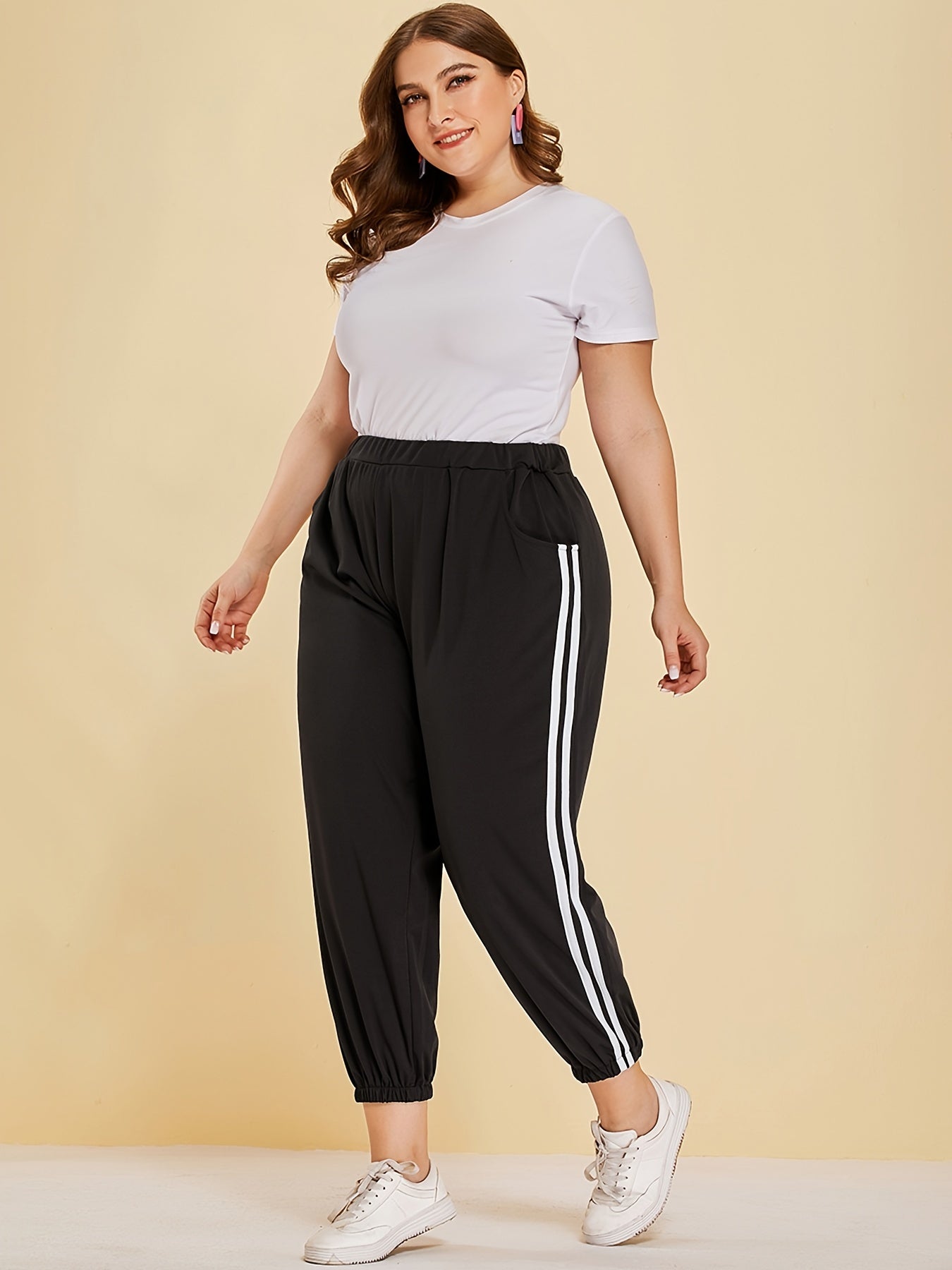 Women's Plus Size 2 Stripes Loose Fit Cuffed Ankle Casual Pants