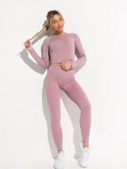 2pcs Long Sleeve Yoga Crop Top & High Waist Leggings Set