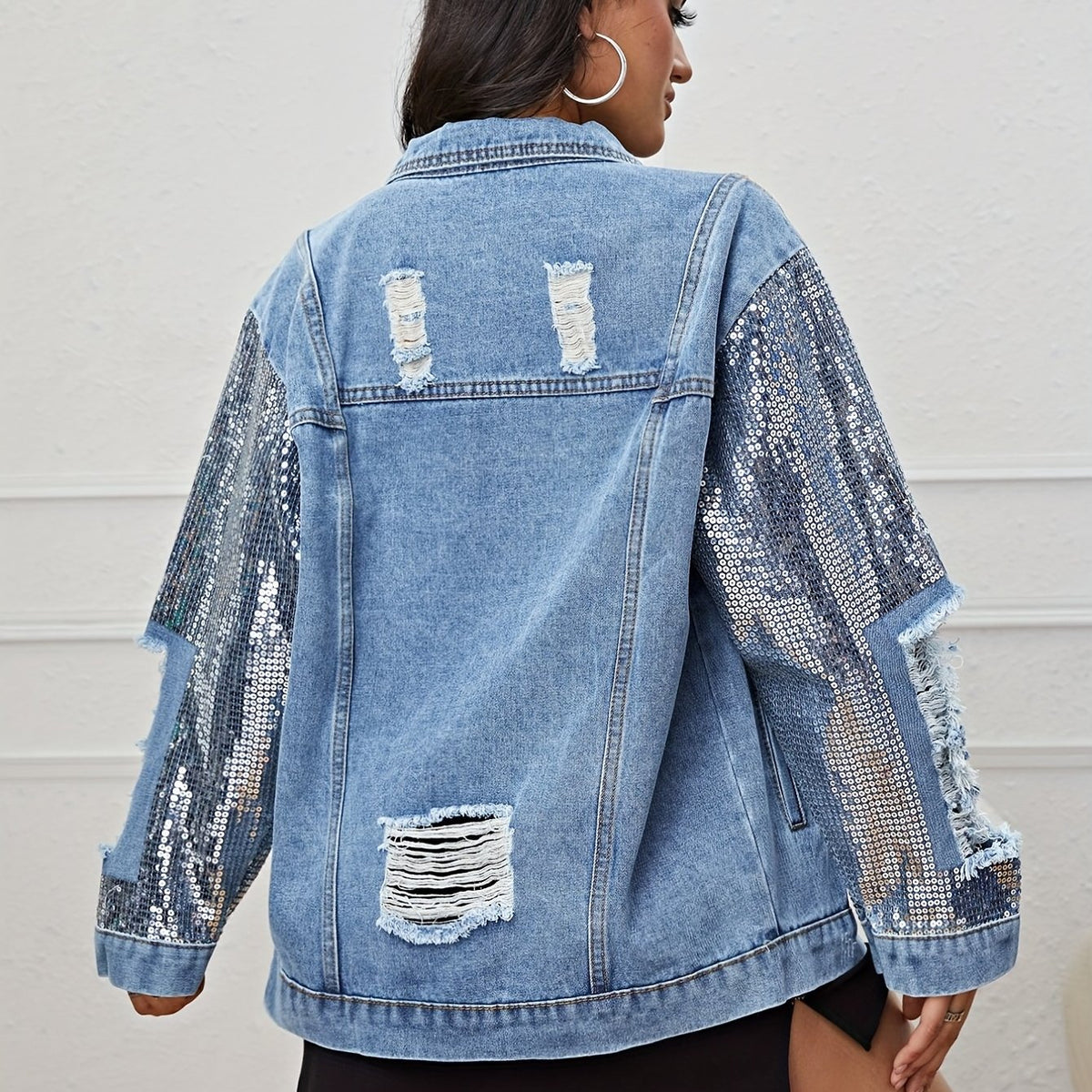 Sequin Long Sleeve Oversized Denim Jackets Flap Pocket Loose Fit