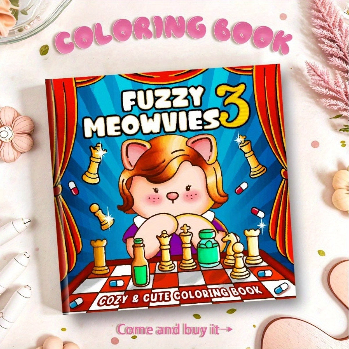 Fuzzy Meowvies Coloring Book 32 Page Cats Chess Party Scenes Activity Book