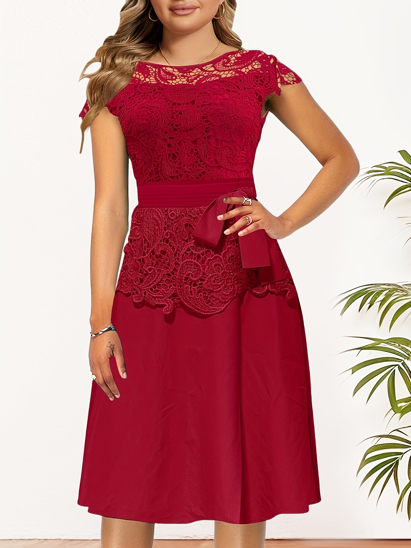 Lace Contrast Cap Sleeve A Line Dress With Belted