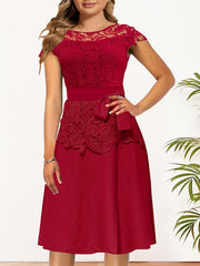 Lace Contrast Cap Sleeve A Line Dress With Belted