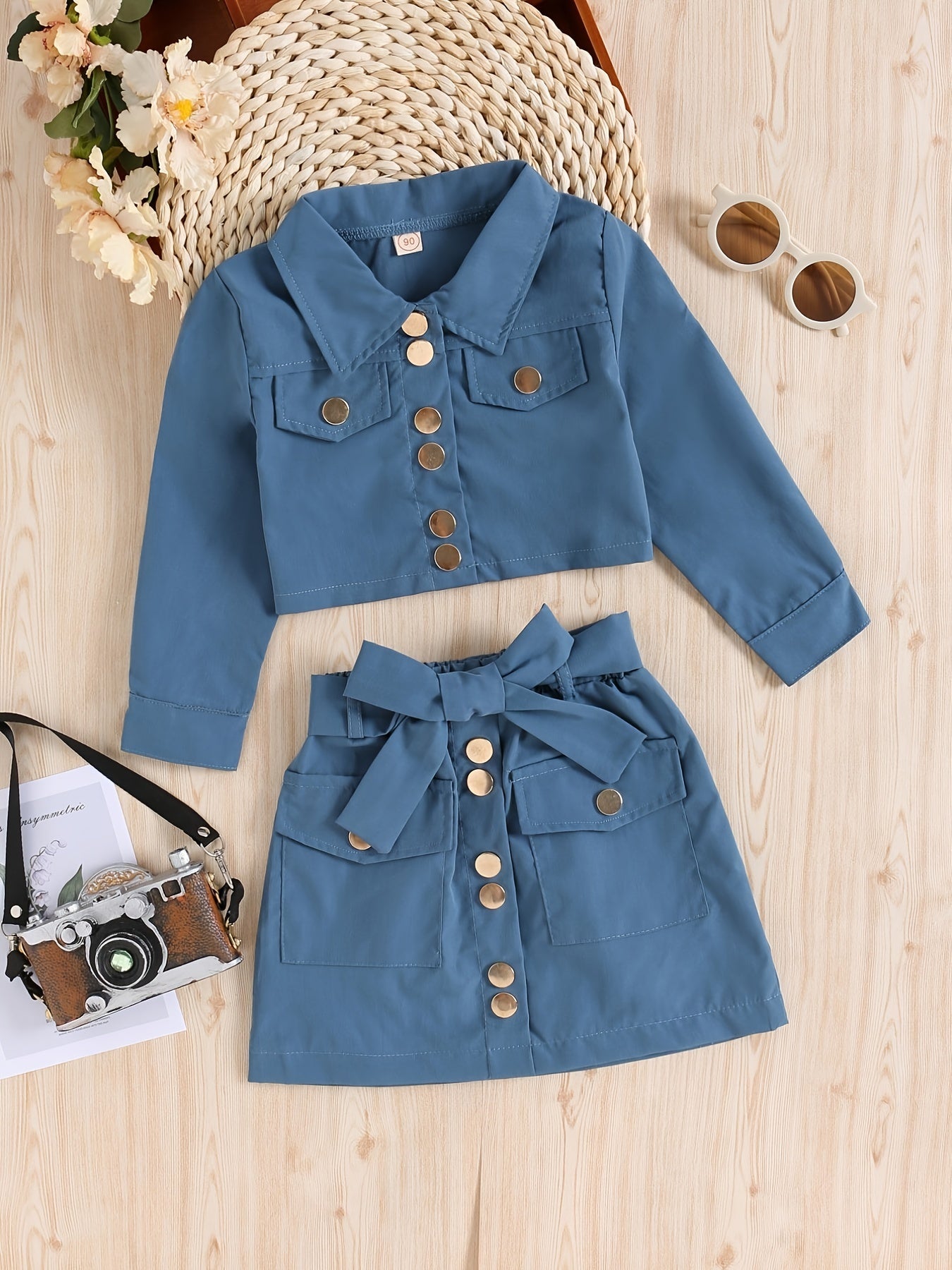 Girls Long Sleeve Top & Skirt Set with Belt