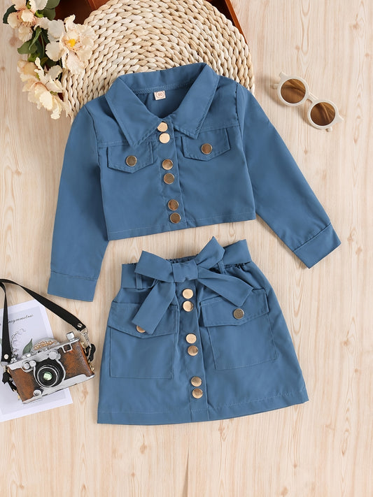 Girls Long Sleeve Top & Skirt Set with Belt