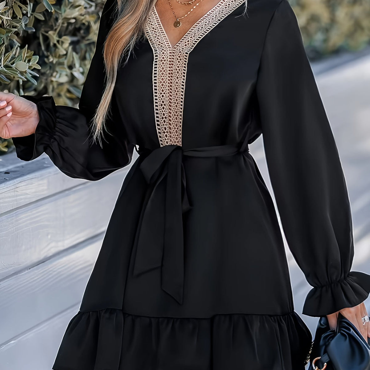  Dress Solid Applique Flounce Sleeve V Neck Ruffle Trim
