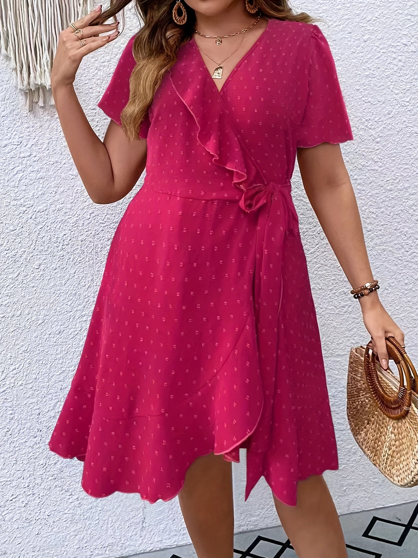  Boho Dress Women's Plus Floral Print Short Sleeve Ruffle Trim