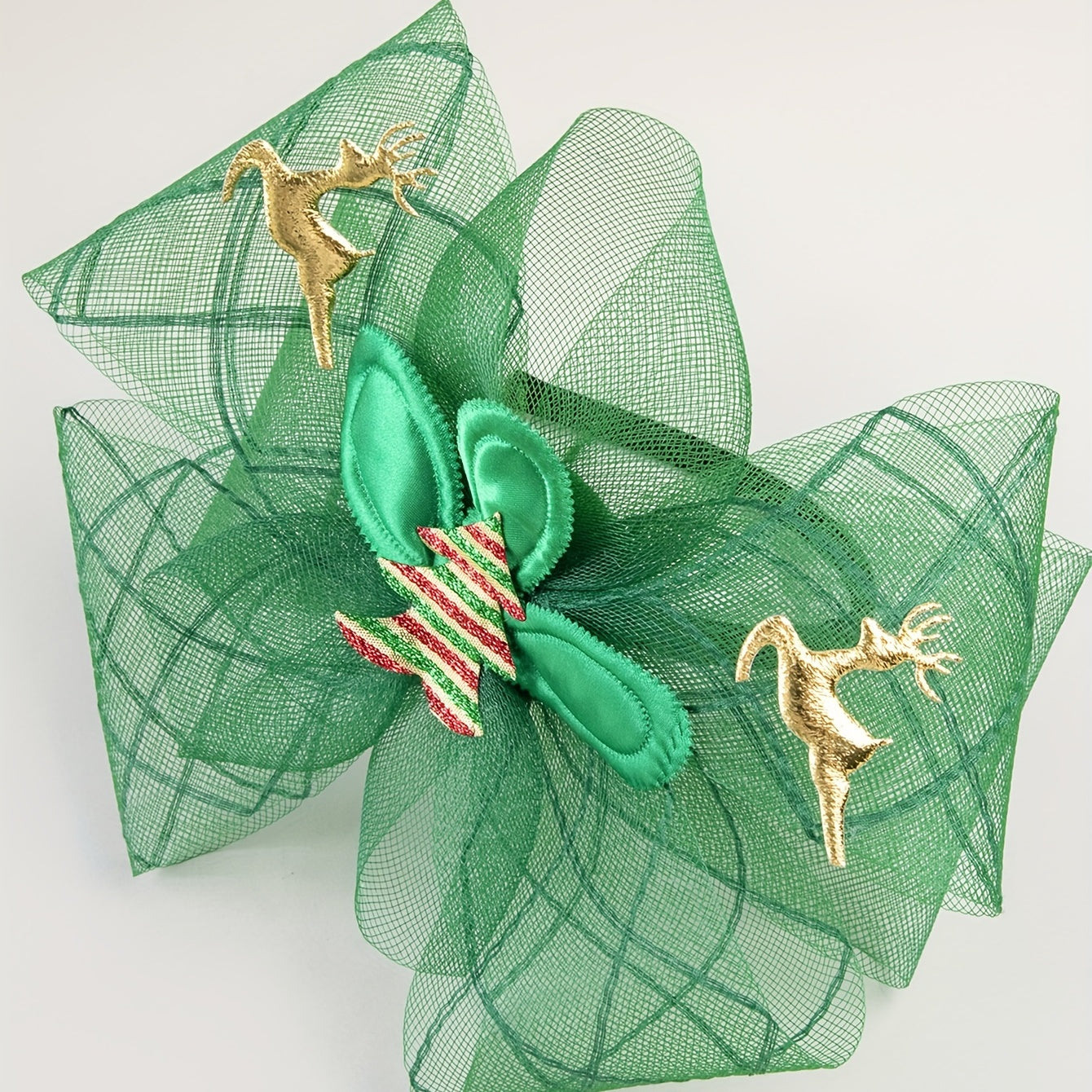 Christmas Mesh Head Piece Golden Elk Decor Green Fascinator Headband