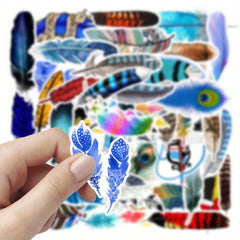 54pcs Feather Stickers Red Purple Teal Golden Self Adhesive