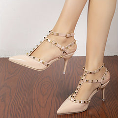 Women's Rivet High Heels Pointed Toe Buckle Strap Stiletto Heels