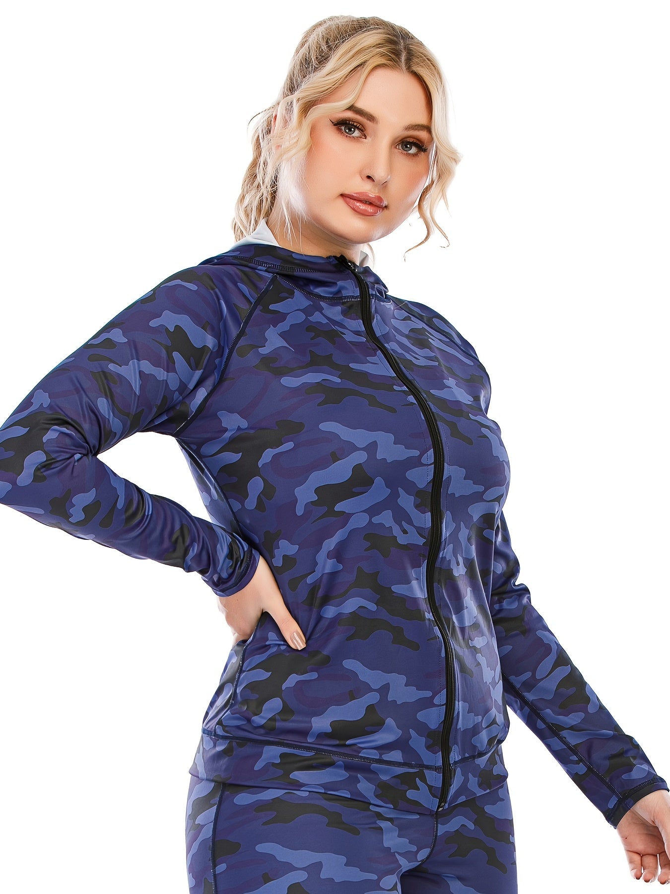  Camo Print Zip Up Hoodie Activewear Women's Plus Long Sleeve Coat