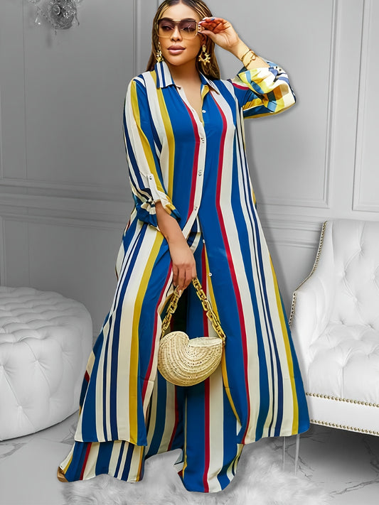 Women's Plus Size Striped Long Sleeve Shirt & Wide Leg Pants Outfit Set